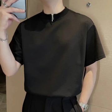 AIDASE  -  Men's Short Sleeve T-shirt Summer New Half Zipper Round Neck Casual Solid Color Men Tees Fashion Handsome Male Tops 21E6997 aidase-shop